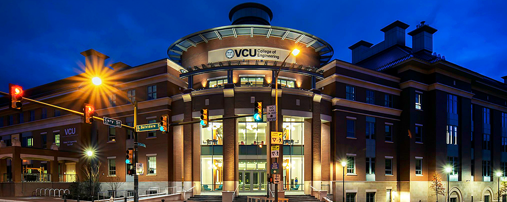 VCU Engineering building at night.